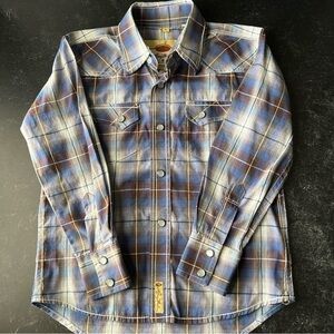 Larry Mahan Cowboy Collection Boy’s L/S Snap Blue/brown/white Plaid Shirt Size S